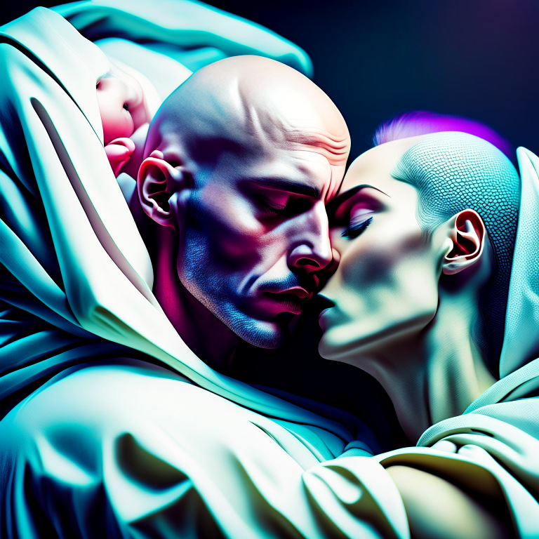 An image of a man with no hair on his body kisses a sleeping woman dressed in a robe --synth