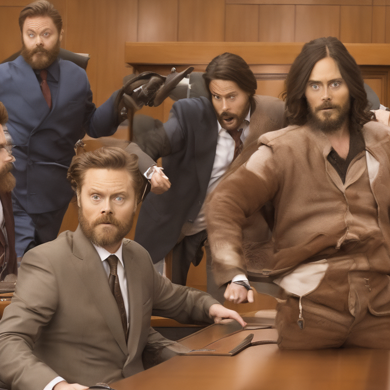 Nick Offerman, Jared Leto, and a grizzly bear wear suits and fight each other in a courtroom with laptops and briefcases.  --vacation 