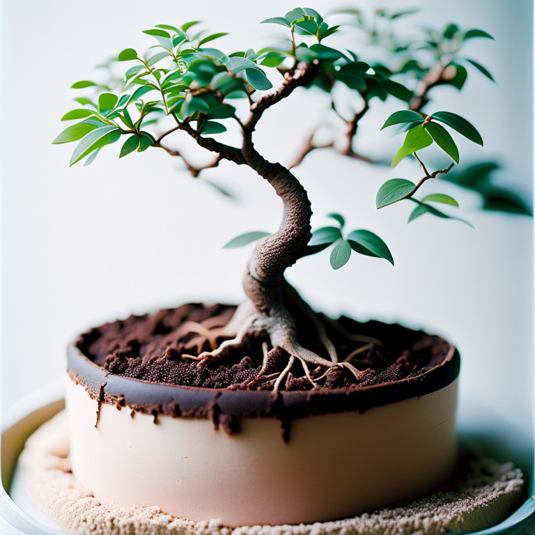 bonsai tree growing in a cake, with roots and branches crafted from sugar and fondant --fp1k