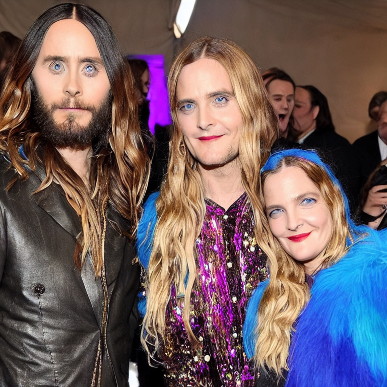 jared leto and drew barrymore are transmultiversal strangers | irresistably vivid biomimetic camouflage chatting in the shiny cyborg cat rave cave | bling bling | in the style of skeletor | in the style of david lynch    --lackliner