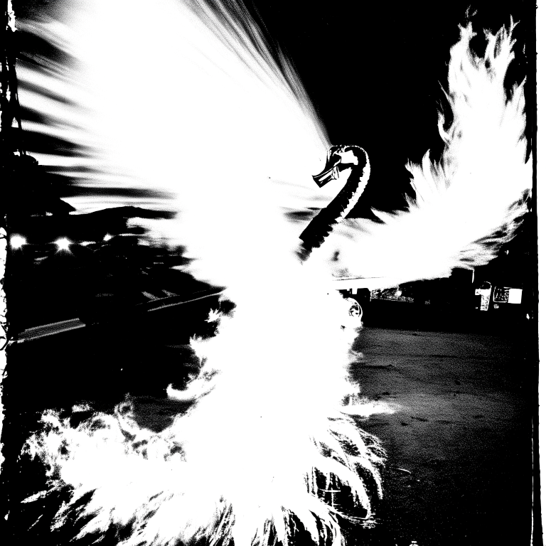 A back and white snake rising like a phoenix from the burning wreck of a jackknifed semi truck --fp1k  --myface 