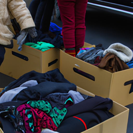people donating clothes to a local charity organization during a winter clothing drive --photograph