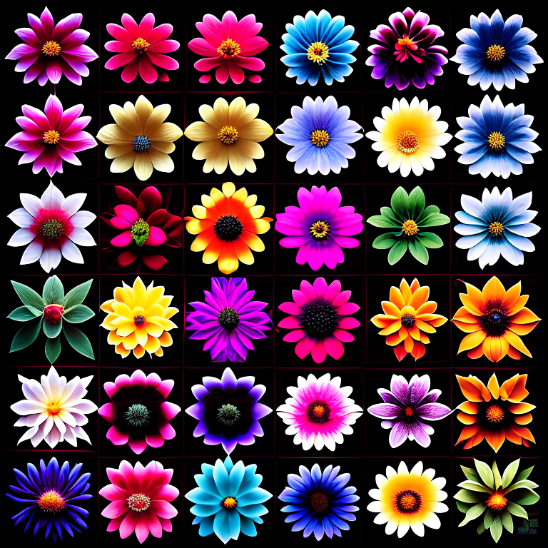symmetrical grid of colorful flowers on a black background --fp1k