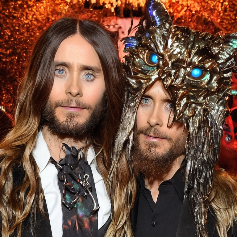 jared leto or liam neeson are transmultiversal strangers | irresistably vivid biomimetically pigmented camouflage chatting in the shiny cyborg cat rave cave | bling bling | in the style of skeletor | in the style of norman rockwell    --lackliner