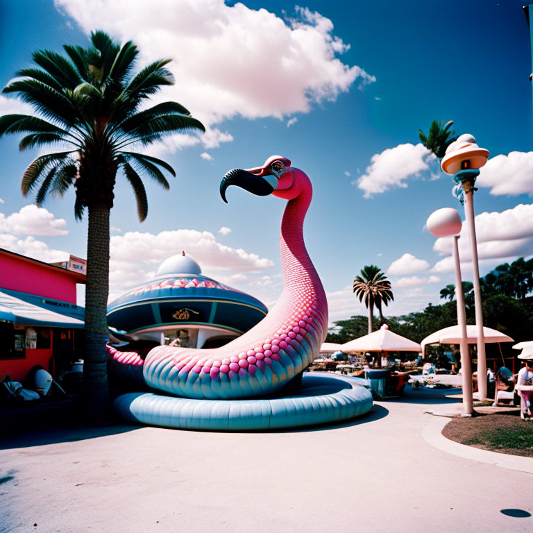 oversized pythons, flamingo statues, and even UFOs, all set in an old-school, funky environment.  --fp1k