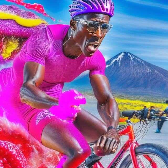 Wesley snipes eats a vizibeciated hot dog while bicycling the volcano