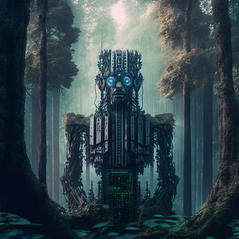 Cybernetic god looms over ancient forest
