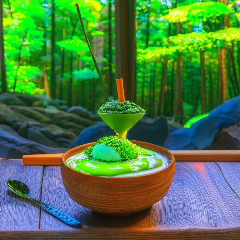 michelin star matcha affogato served on a wooden table at hot spring in the forest --k