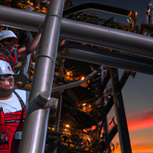 2 men on a scaffold in refinery wearing hart hat, safety glasses, and safety harness. Sparks flying from the machine and a beautiful sunset --work