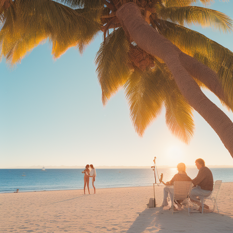 A UFO and a man and a woman playing music on a beach. one with a guitar and the other with an electric piano, surrounded by palm trees and a beautiful sunset