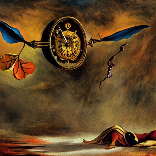 Persistence of memory by Salvador Dali but with melting clocks made out of autumn foliage meets Francisco Goya’s the witches’ flight --dream  