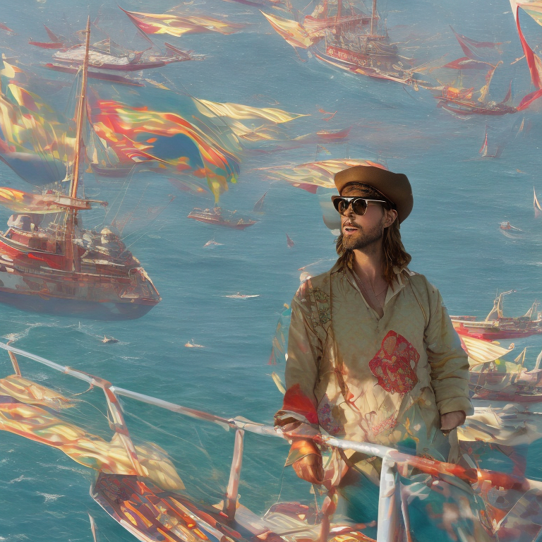 An ominous conspiracy of jared leto or brad pitt or george clooney or don cheadle sails slowly on the pasta water pavilion | more florid than vivid | more vivid than lurid | in the style of ivan aivazovsky 