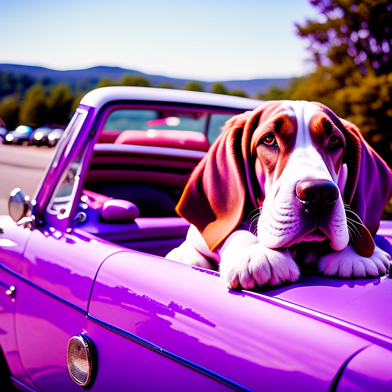 A very fat basset hound inside a purple convertible Cadillac with Elvis Presley . Make sure the basset hound is fat.  --fp1k     