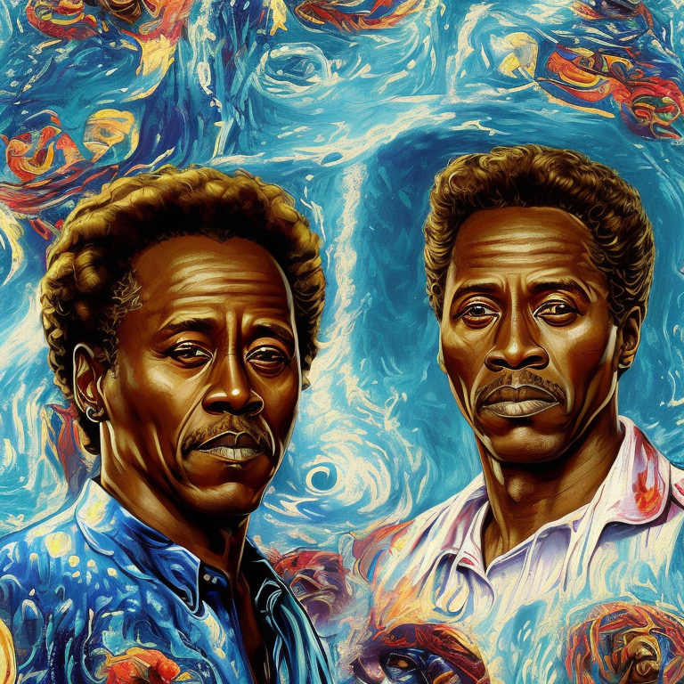 An ominous conspiracy of don cheadle or ryan seacrest surfs on the pasta water cove | more florid than vivid | more vivid than lurid | in the style of norman rockwell  --faceor2