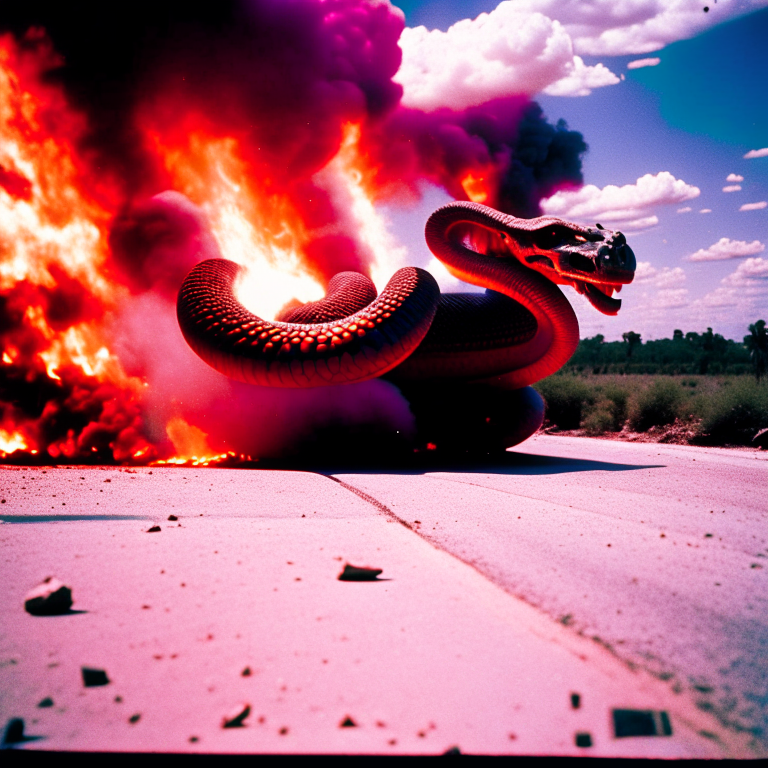A snake rising like a phoenix from the burning wreck of a jack knifed semi truck --fp1k