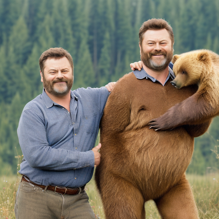 Nick Offerman is smirking at an adorable hilarious laughing grizzly bear on vacation in the Pacific Northwest  --vacation 