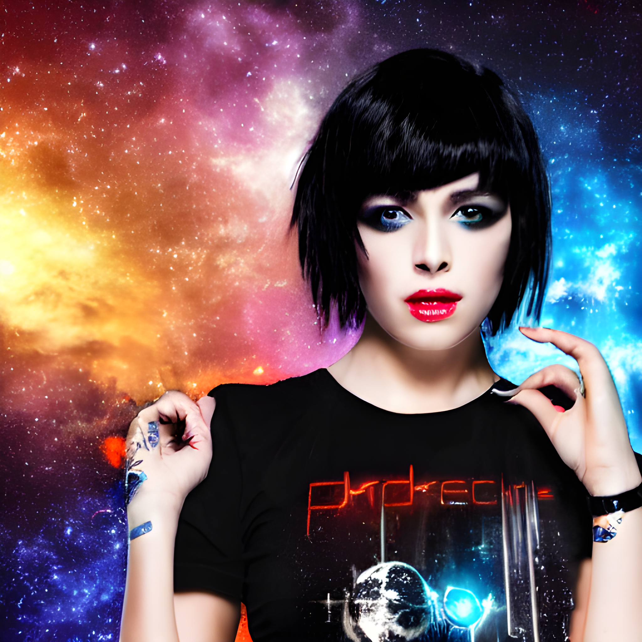 A bright and dark cyberpunk character image of a fierce young woman with short black hair with bangs, wearing a band t-shirt in space --dream-enrich