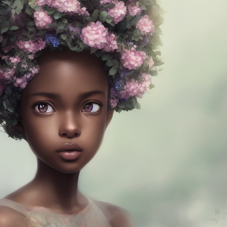 Closeup face portrait of a black girl wearing crown of flowers, smooth soft skin, big dreamy eyes, beautiful intricate colored hair, symmetrical, anime wide eyes, soft lighting, detailed face, by makoto shinkai, stanley artgerm lau, wlop, rossdraws, concept art, digital painting, looking into camera --graphite