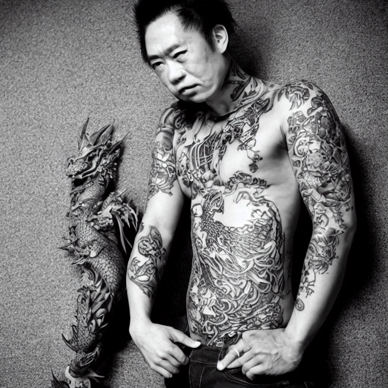 portrait photo of person with yakuza style full body dragon tattoo with intricate scales and fierce expression, photo  --photog    