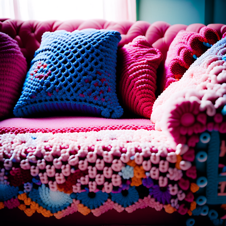Sofa with crochet covers on every cushion and armrest, giving it a cozy and unique look but someone cuts a slice and it’s actually cake  --fp1k