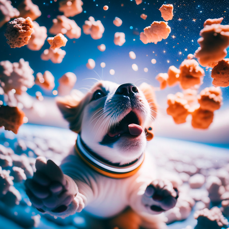 An adorable astronaut in outer space reaching for freeze dried treats with the stars shimmering behind him --fp1k