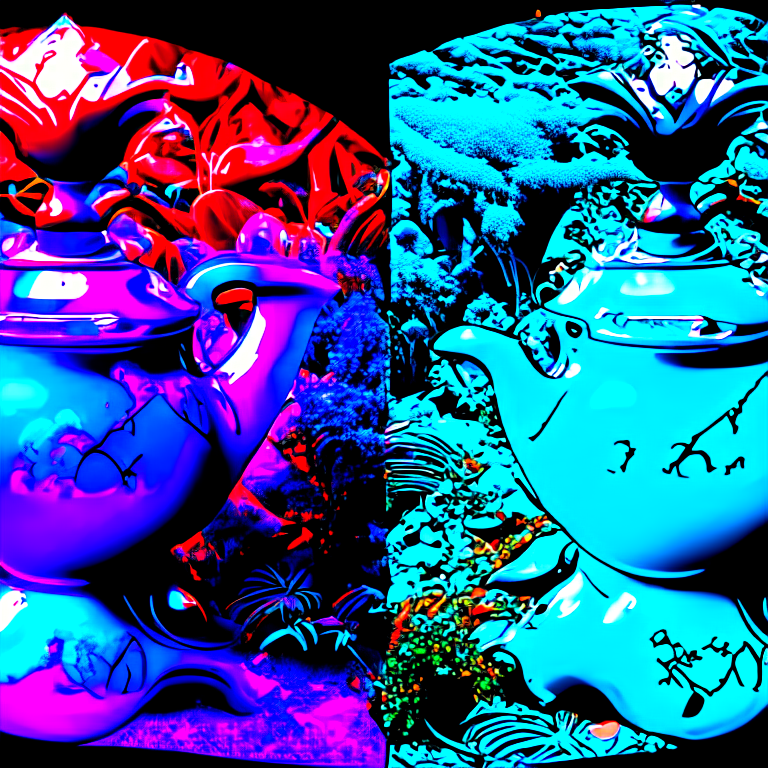 Blue and Red stereoscopic image of a teapot --k stereoscopic mythical vision, dual vision, bipolar vision, split mind vision, DMT Trip, jungle background, liquid foreground, merge background with foreground, high quality, random styling effect, image of a teapot from another dimension of existence, genie in a teapot