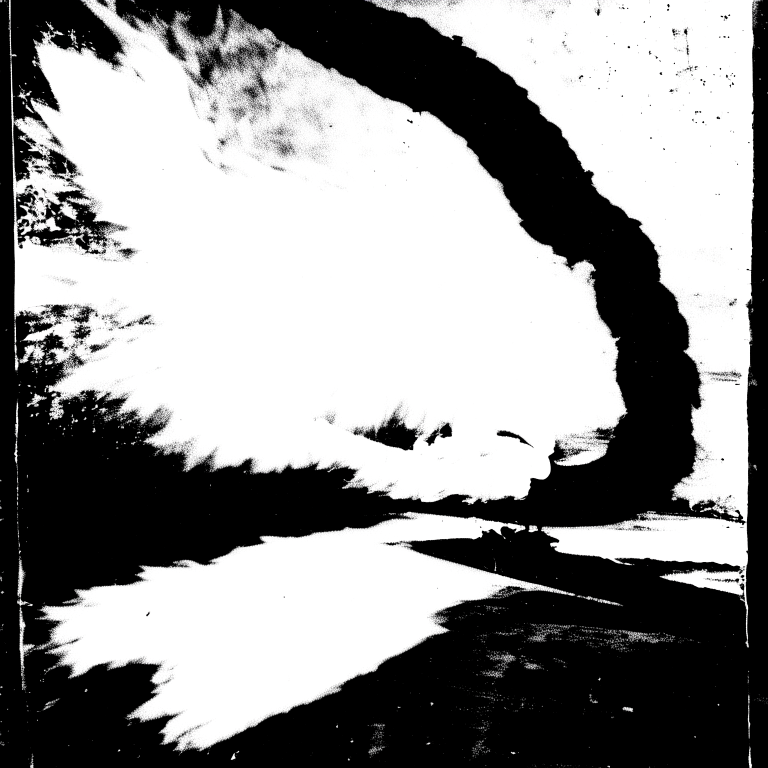 A photocopied back and white snake rising like a phoenix from the burning wreck of a jack knifed semi truck --fp1k  --myface