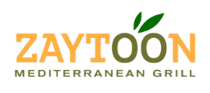 Zaytoon Mediterranean Grill logo with orange and green text and olive leaf icon.