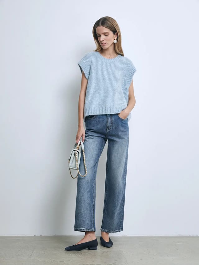 Andrea Tang ultra soft mohair wool loose box shape light blue knit vest - Model front view