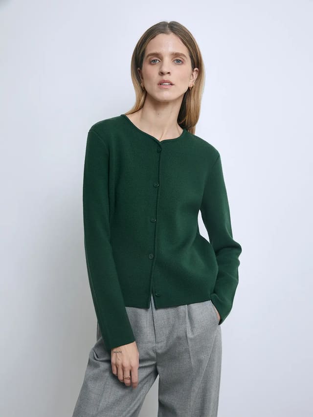 basolan wool washable retro green knit cardigan-Model front view-05