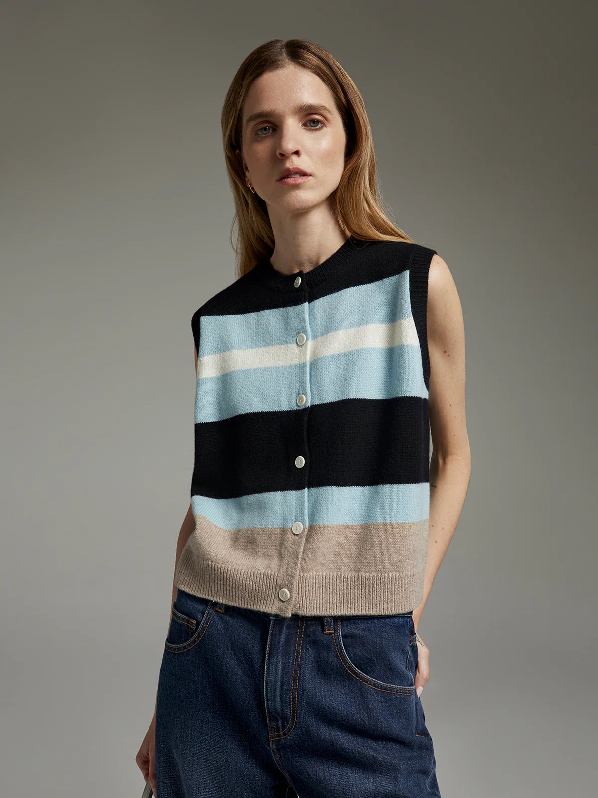 NINA｜Merino Wool Striped Patchwork Knit Vest - Blue stripe