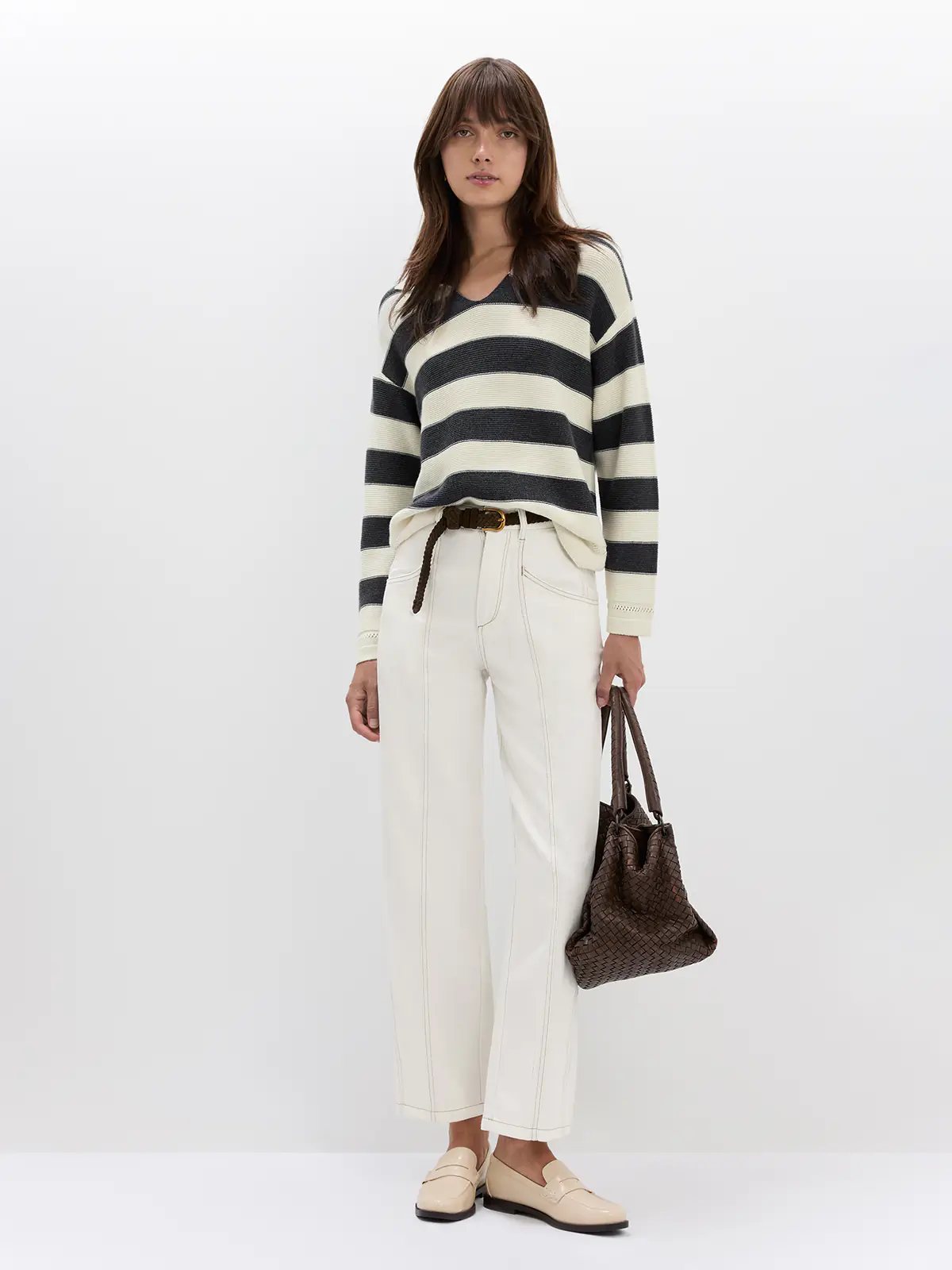 Contrast-Stitch White Jeans