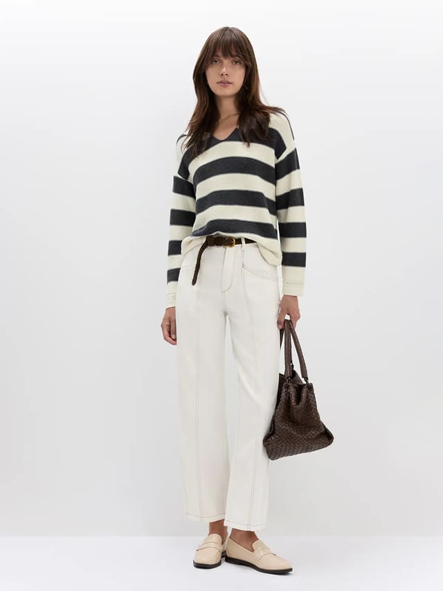 Contrast-Stitch White Jeans