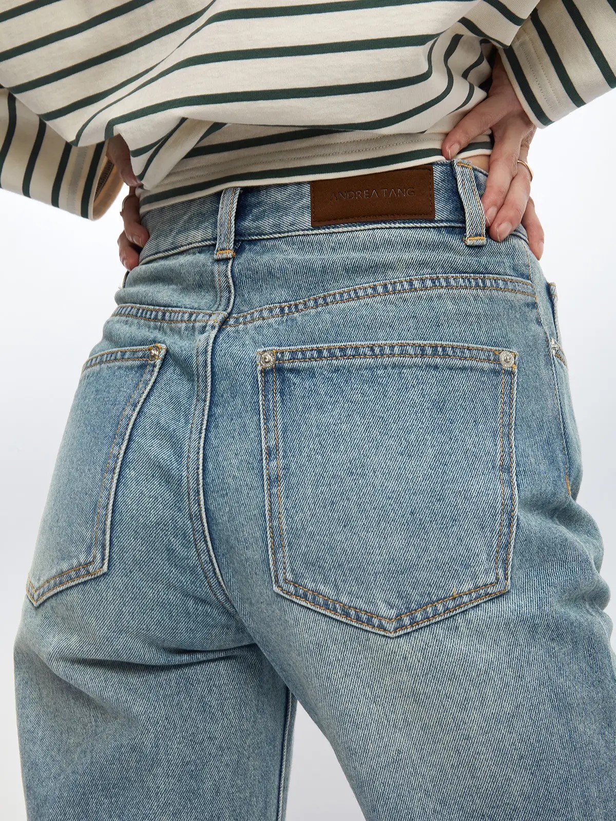retro washed cotton mid high waist split flared jeans-Model front photo-02