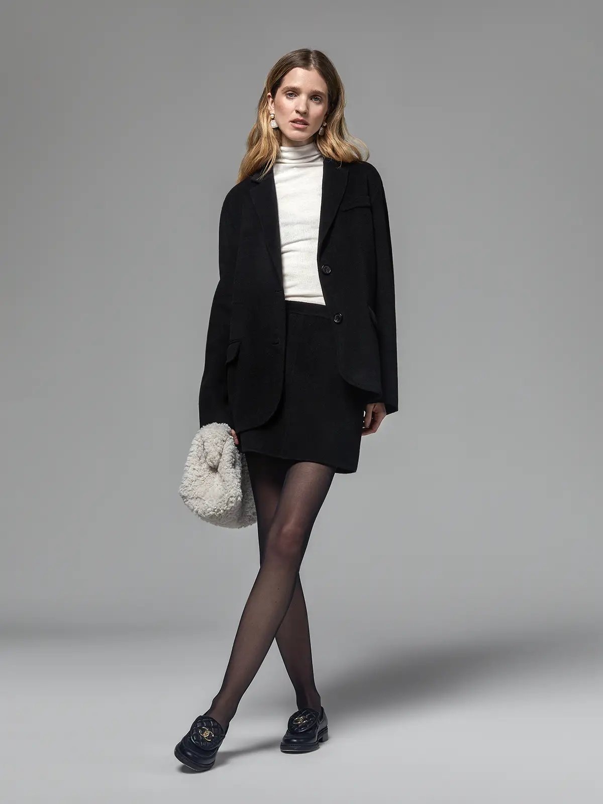 classic black merino wool blazer set - Model front view black