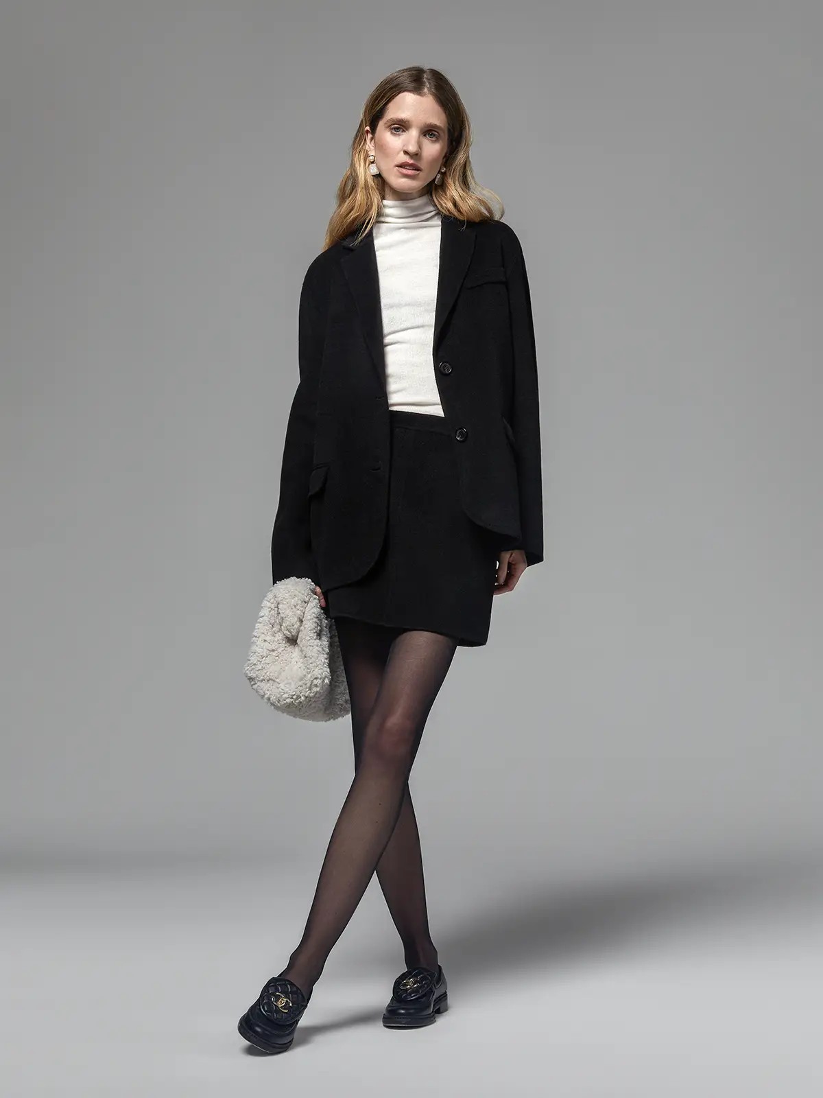 classic black merino wool blazer set - Model front view black