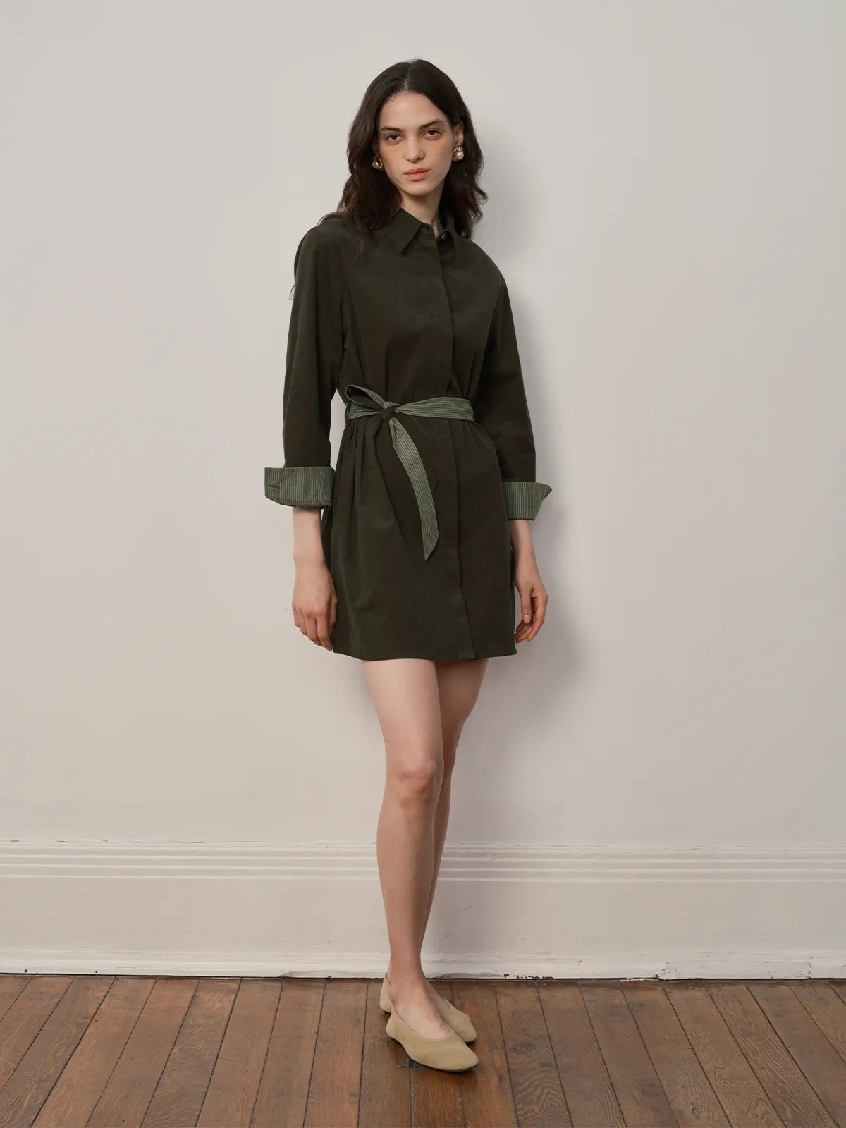 Front full-body pose of JILLIAN dress with hands at sides, clean white backdrop