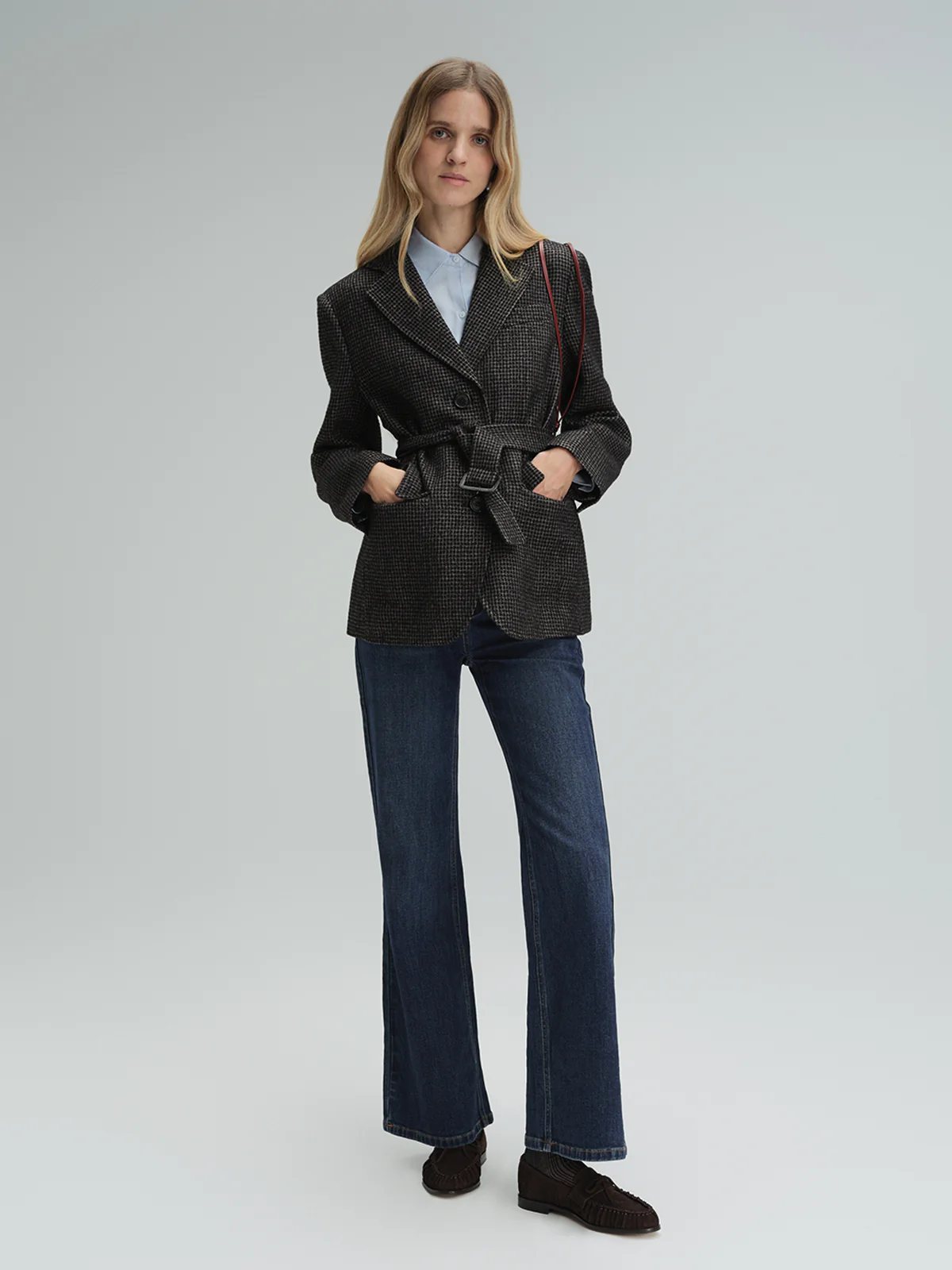andreatang houndstooth wool-blend blazer styled with blue jeans and shirt