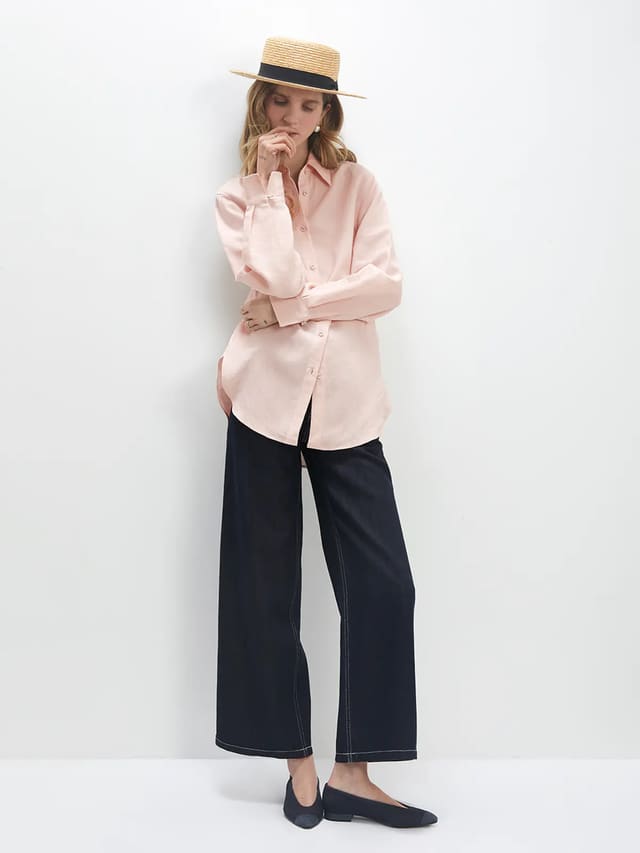 JANE｜Linen Pink Shirt-Model front view-01