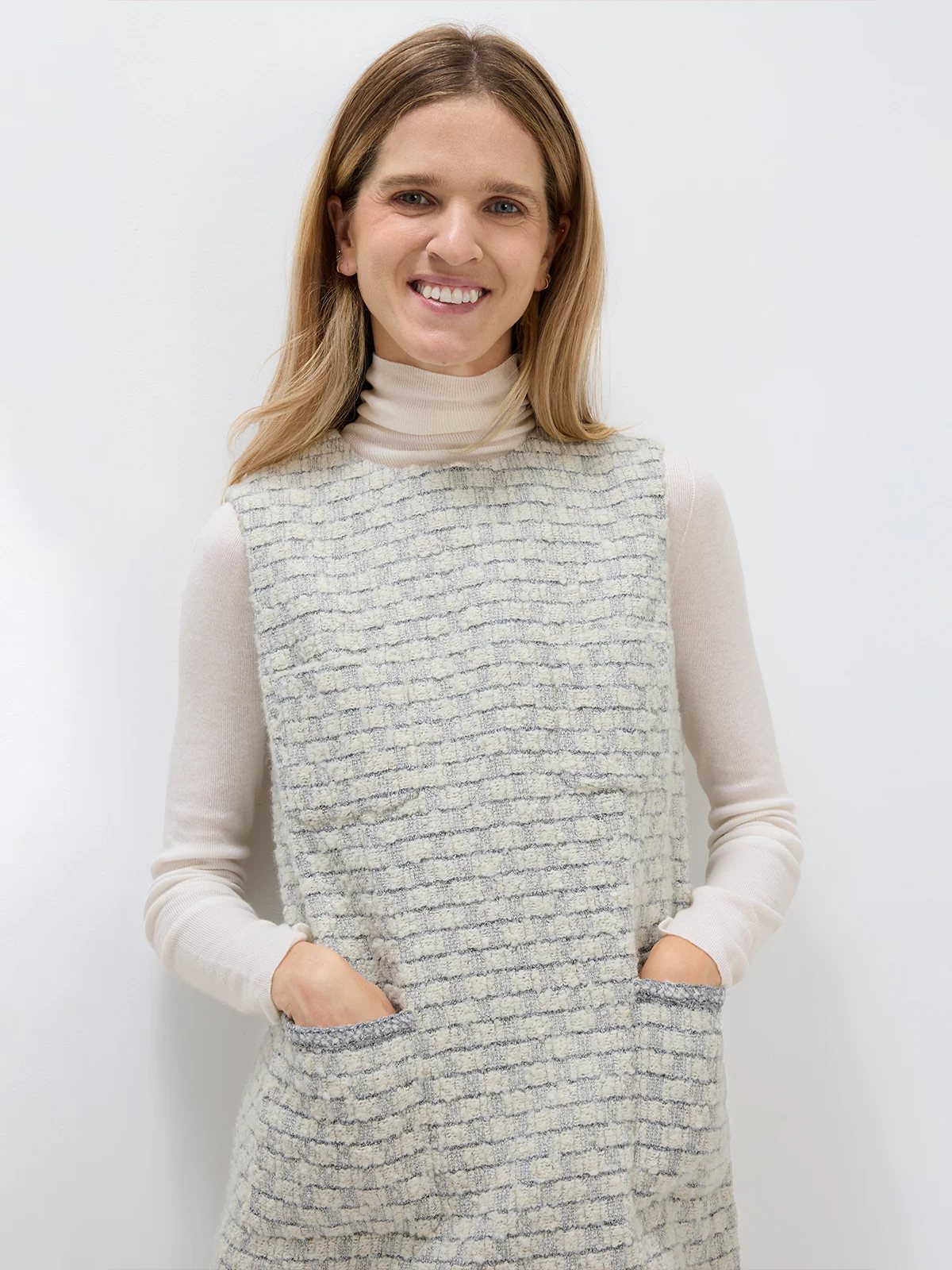 CHER｜Wool-Blend Check Bouclé Sleeveless Dress - CHER｜Wool-Blend Check Bouclé Sleeveless Dress-Off-white