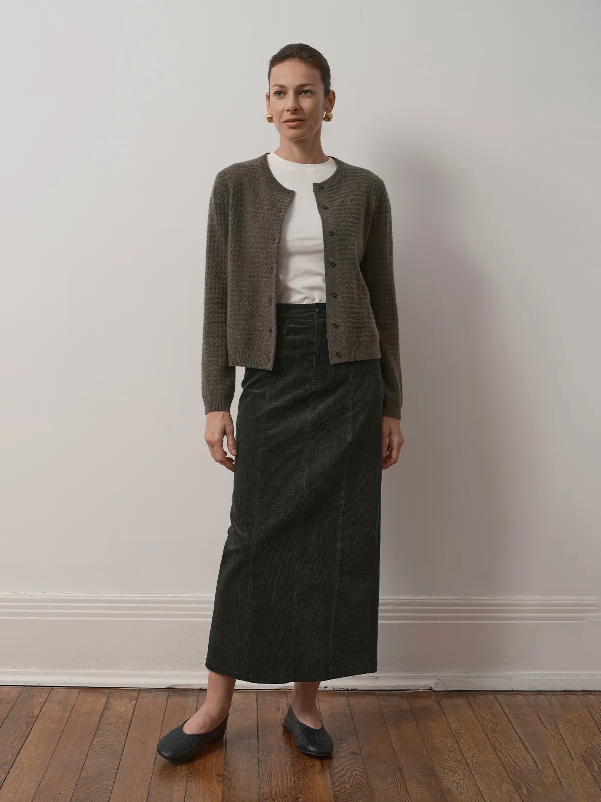 CHIARA Midi Skirt worn with brown knit cardigan, white tee, and black flats—front full body