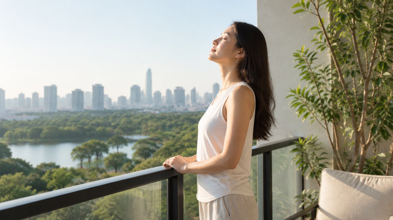 A woman standing on a balcony overlooking trees, water, and a city skyline.