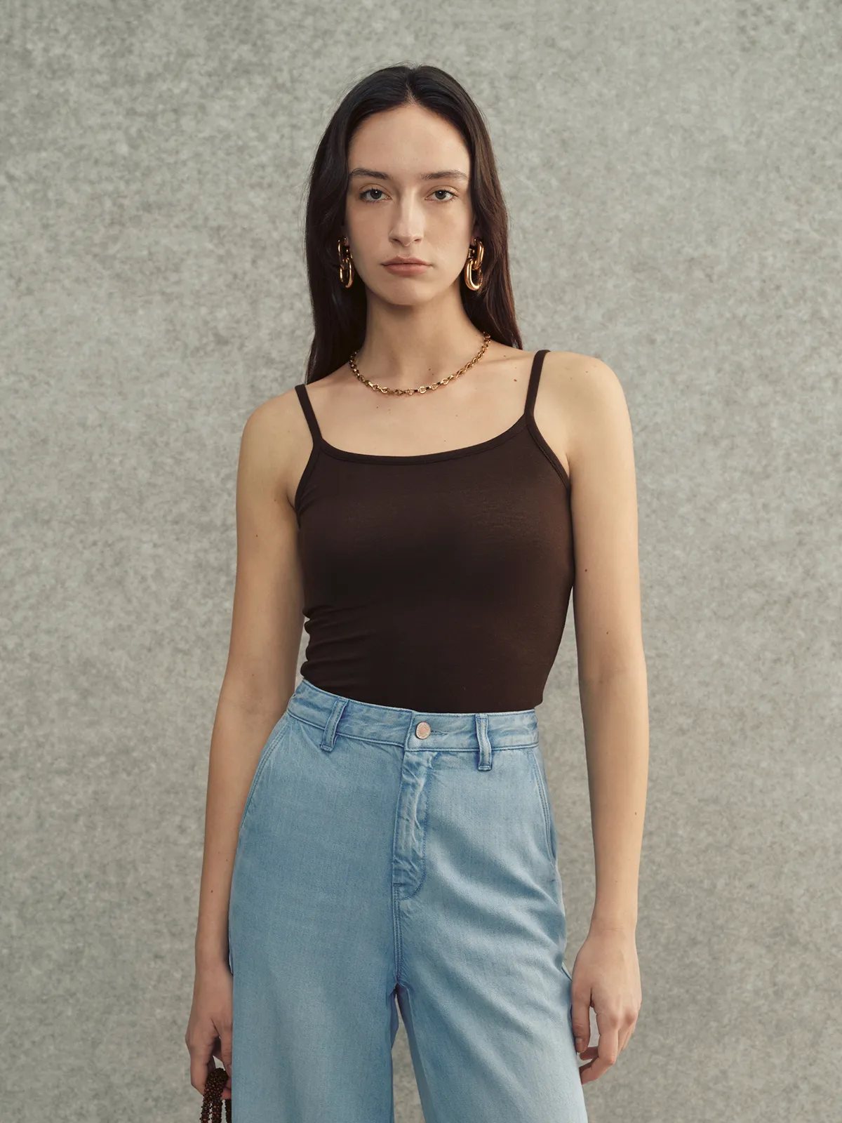 Front view of LANA camisole in brown with square neckline and slim fit — minimalist design for layering or solo wear