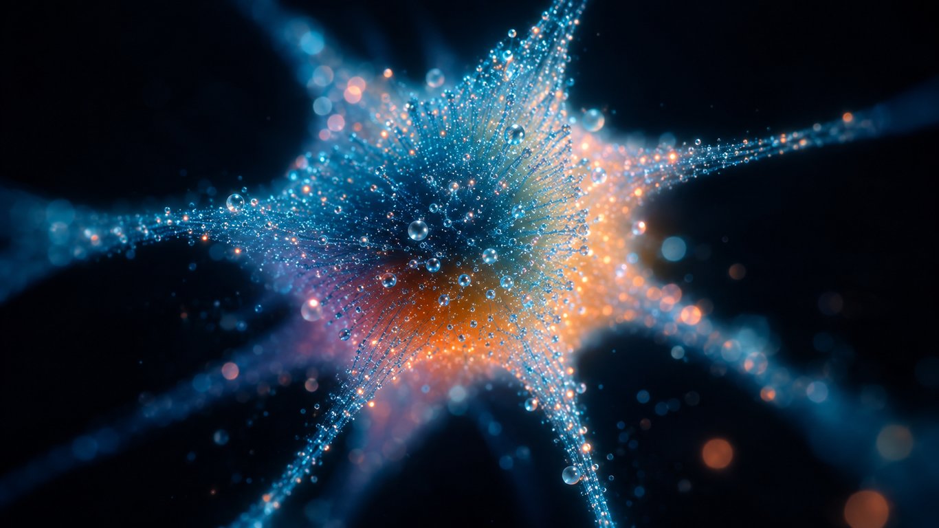 Abstract illustration of glowing blue particles surrounding an orange center.