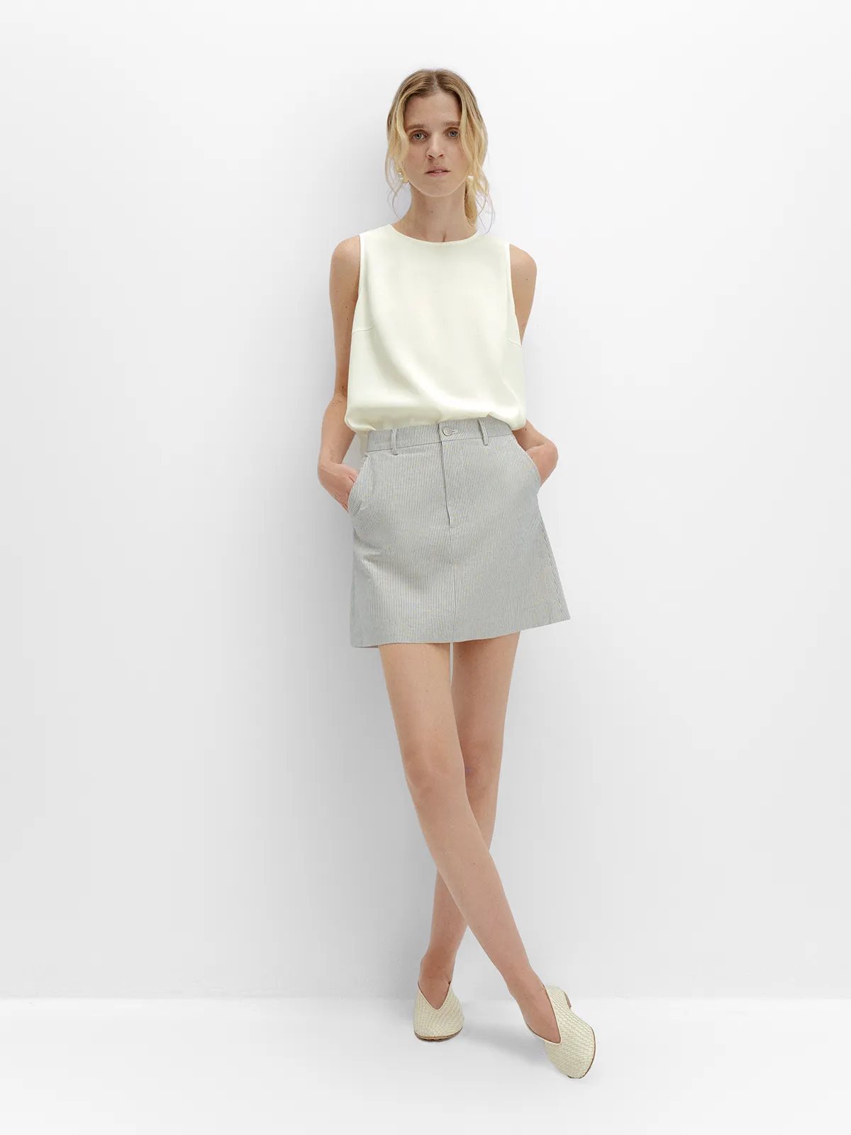DEVON Mini Skirt with sleeveless cream silk top and woven espadrille flats
