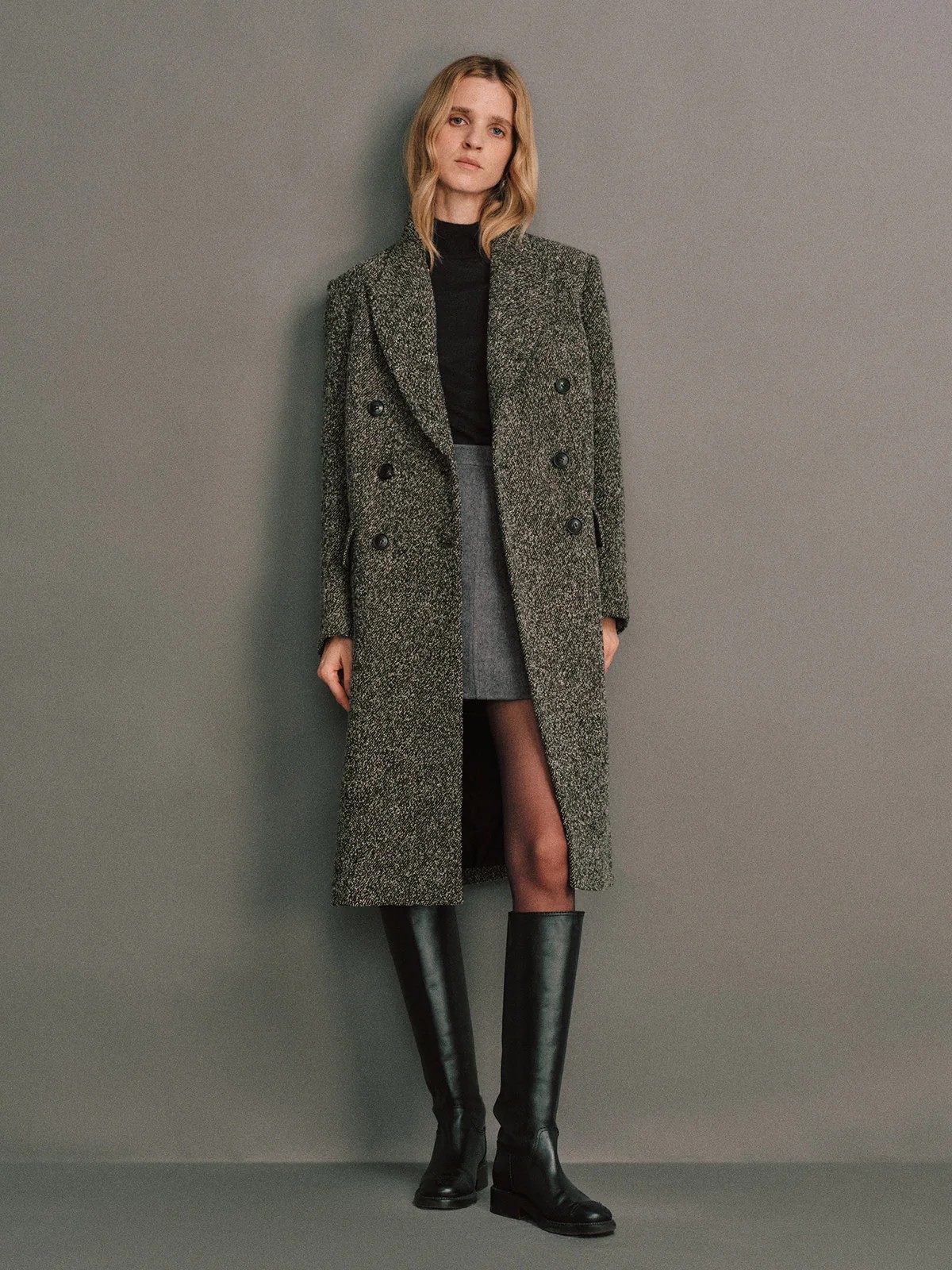 KAYLA｜Wool Bouclé Tweed Tailored Long Coat-Model front view-03