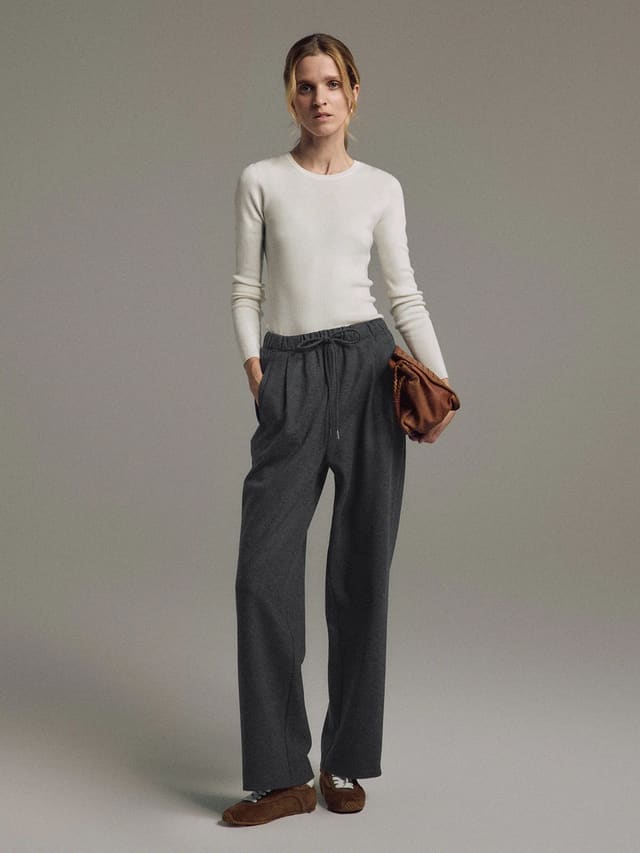 HEATHER｜Wool Blend Drawstring Waist Straight Trousers-Model front view-01