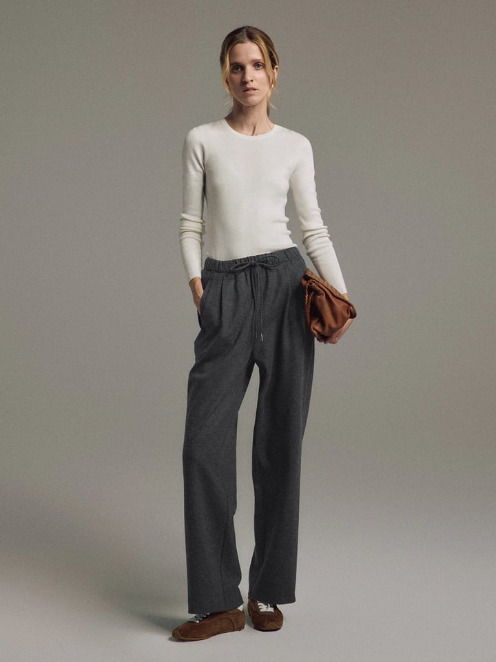 HEATHER｜Wool Blend Drawstring Waist Straight Trousers-Model front view-01