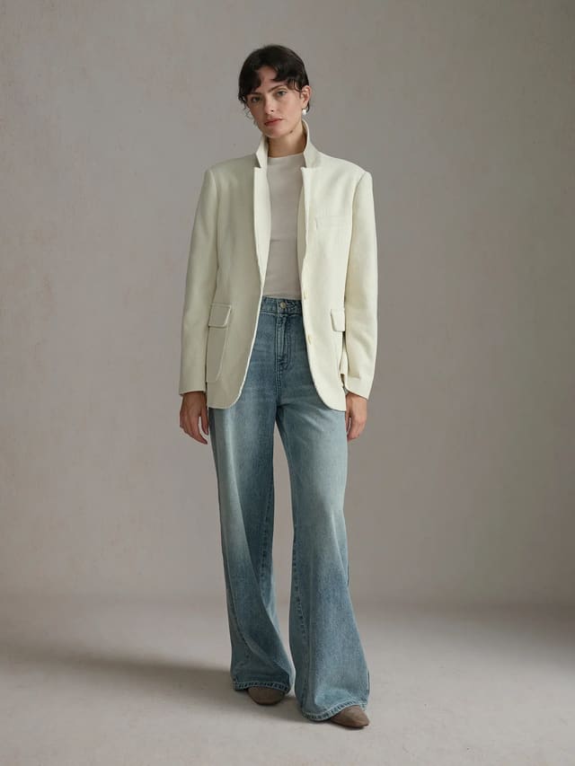 Full-length view of KIMBERLEY corduroy blazer paired with beige knit top and flared wide-leg jeans