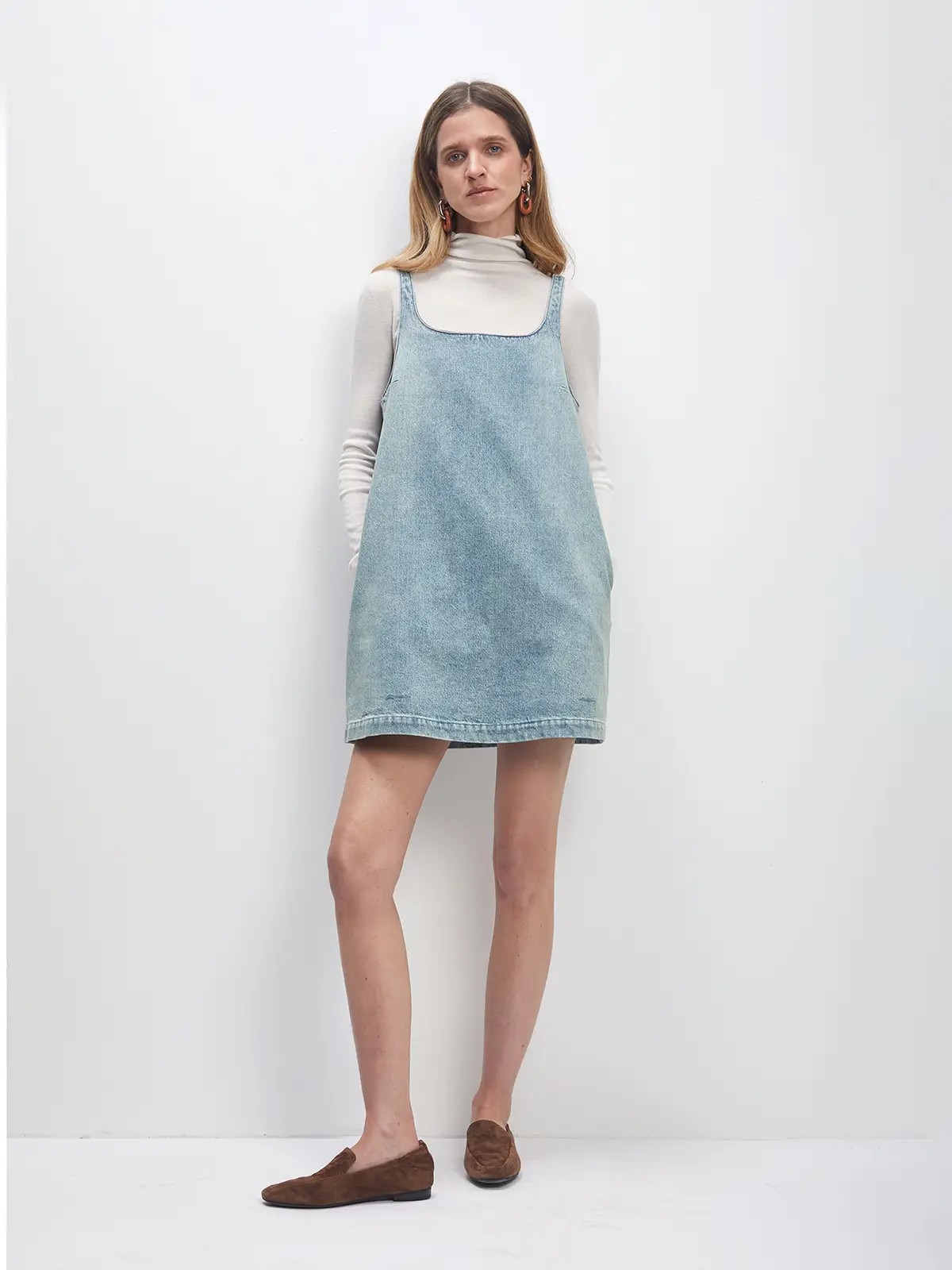 retro washed dark grey blue A-line denim dress-Model front photo-01